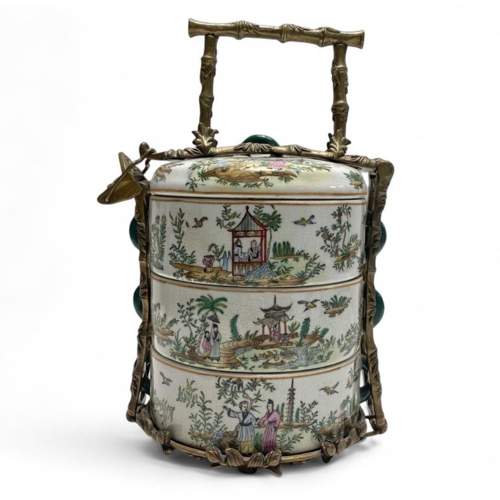 Vintage Chinese Porcelain 3 Tier Tiffin Carrier Brass Bamboo Frame Famille Rose